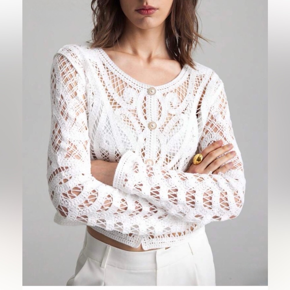 Elegant White Knit Lace Effect Blouse - Picture 2 of 5